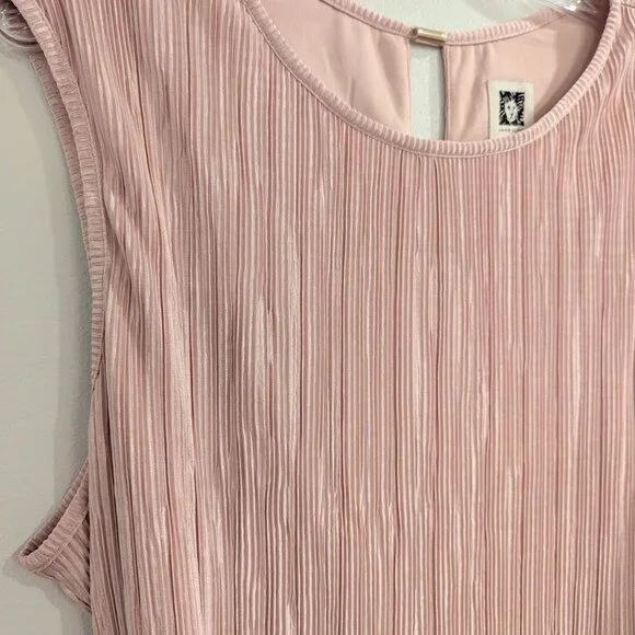 ANNE KLEIN Nwt Crinkled Satin Blush Dress 16 Sleeveless Waist Tie Midi Length - Picture 3 of 12